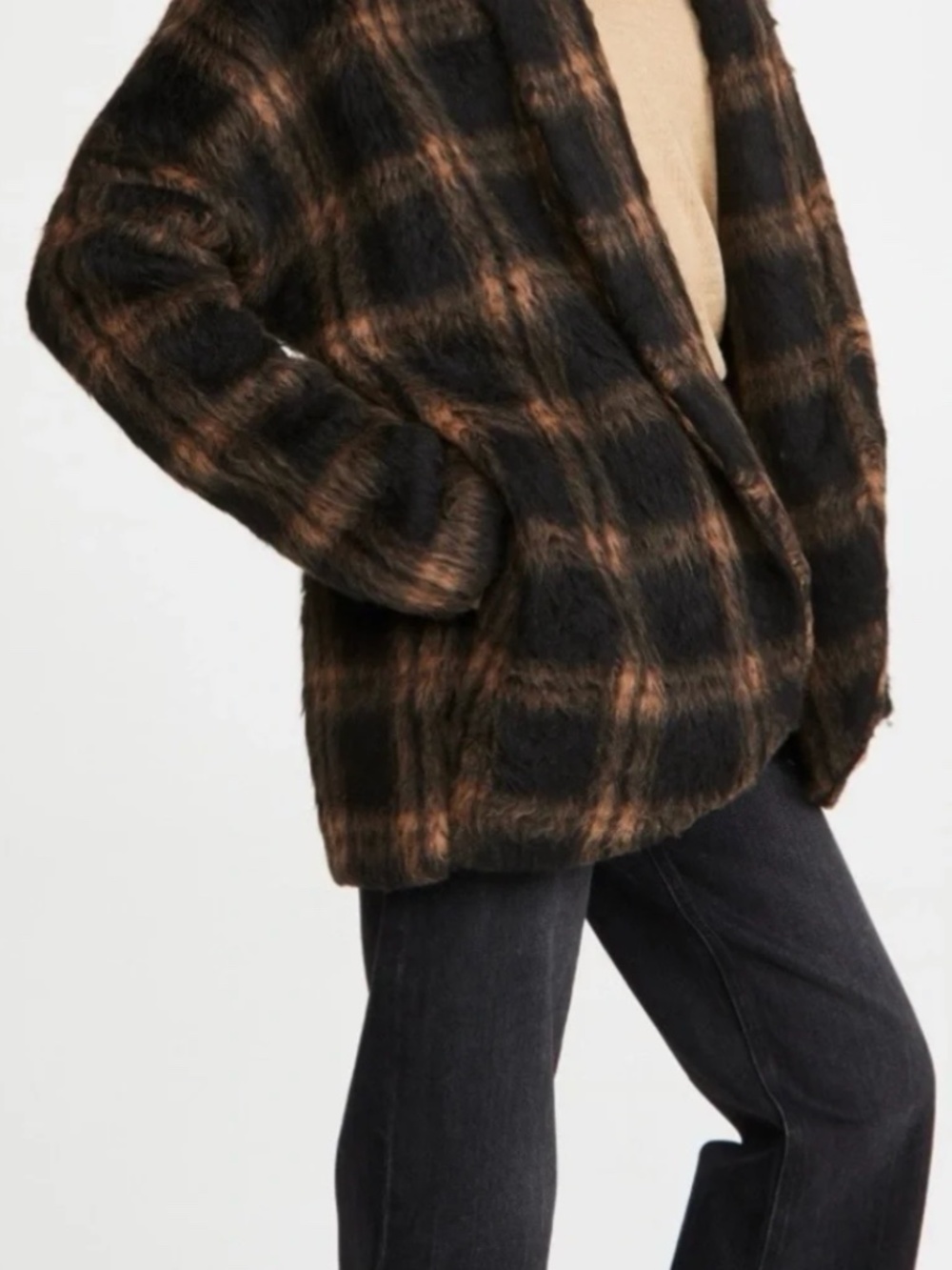 Amanda Uprichard Black and Brown Plaid Fuzzy Jacket